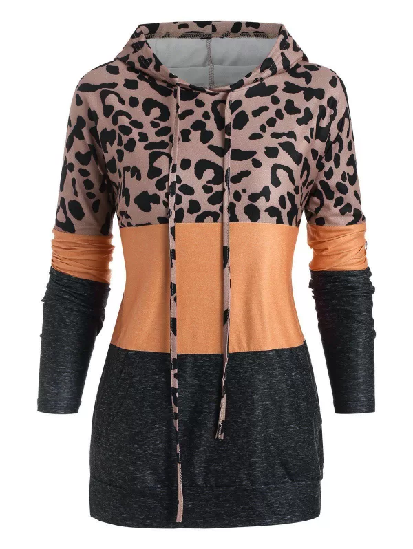 Leopard Colorblock Front Pocket Hoodie