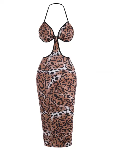 Leopard Halter Cutout Bodycon Midi Dress
