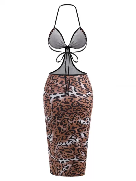 Leopard Halter Cutout Bodycon Midi Dress