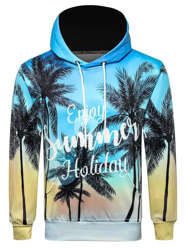Letter Coconut Palm Print Drawstring Pullover Hoodie