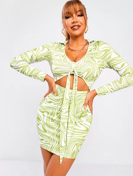 Liquid Marble Print Tied Cutout Slinky Dress