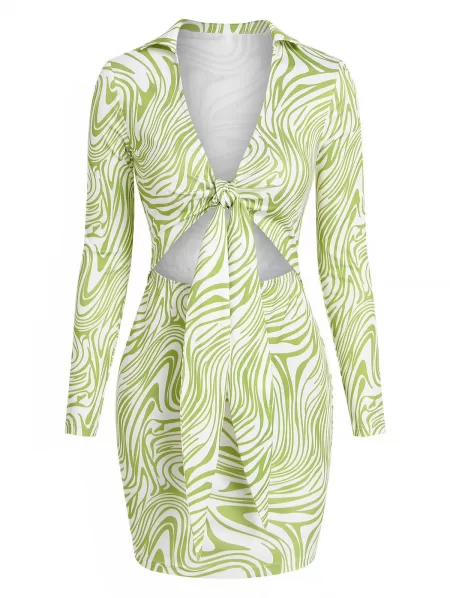 Liquid Marble Print Tied Cutout Slinky Dress