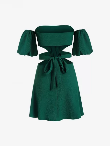 Off Shoulder Cut Out Textured Mini Dress