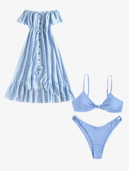 Off Shoulder Floral Frilled Dress And Textured Knotted Cheeky Bikini Set