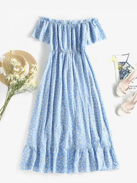 Off Shoulder Floral Frilled Dress And Textured Knotted Cheeky Bikini Set