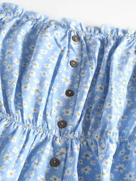 Off Shoulder Floral Frilled Dress And Textured Knotted Cheeky Bikini Set