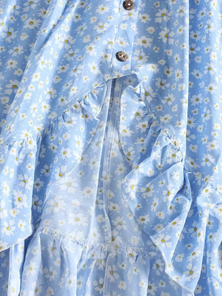 Off Shoulder Floral Frilled Dress And Textured Knotted Cheeky Bikini Set