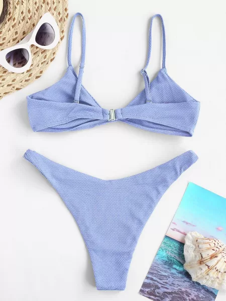 Off Shoulder Floral Frilled Dress And Textured Knotted Cheeky Bikini Set