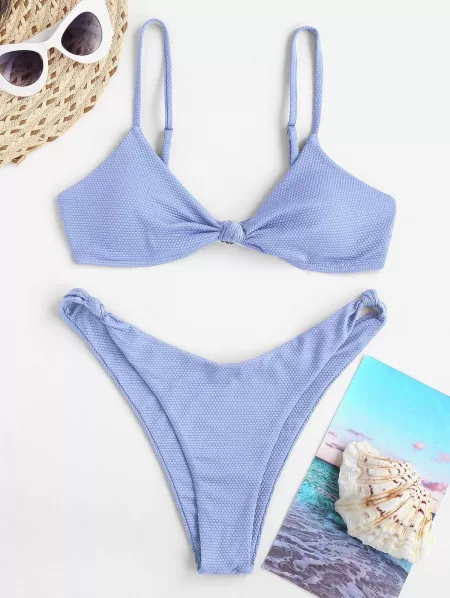 Off Shoulder Floral Frilled Dress And Textured Knotted Cheeky Bikini Set