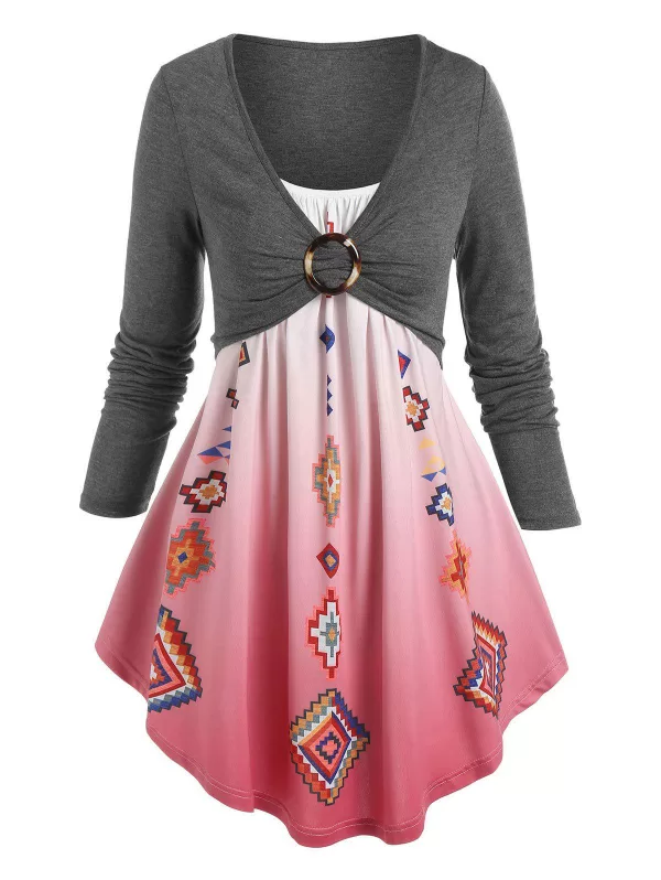 Ombre Color Geometry Print 2 In 1 Tee