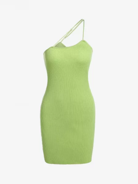One Shoulder Ribbed Knit Bodycon Mini Dress