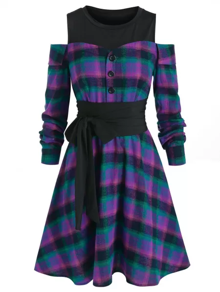 Open Shoulder Plaid Knee Length Dress