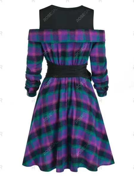 Open Shoulder Plaid Knee Length Dress