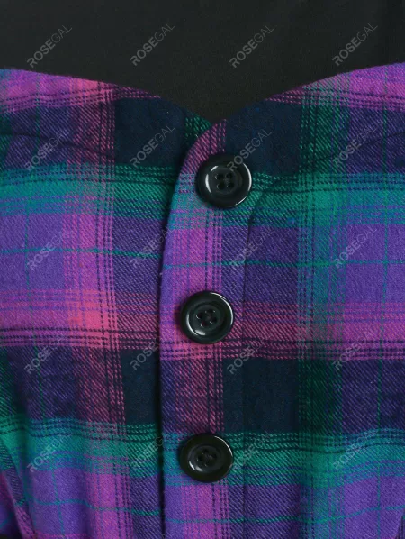 Open Shoulder Plaid Knee Length Dress