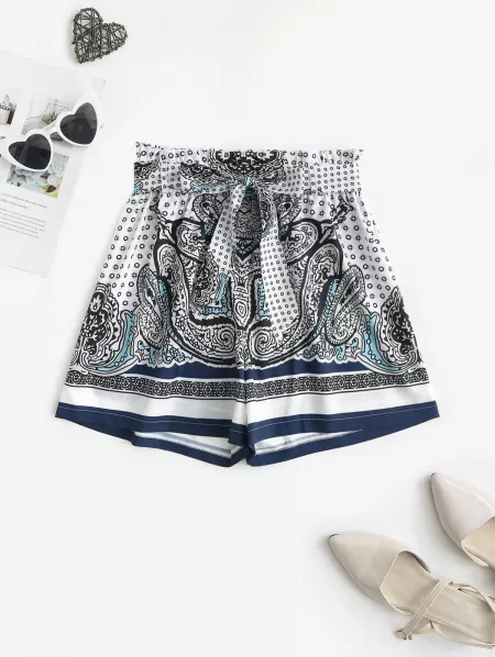 Paisley Belted High Rise Paperbag Shorts