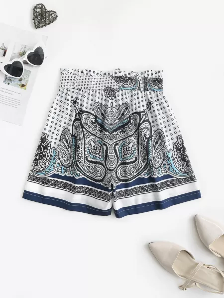 Paisley Belted High Rise Paperbag Shorts
