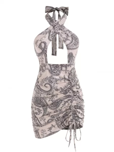 Paisley Flower Print Criss Cross Halter Cutout Cinched Dress