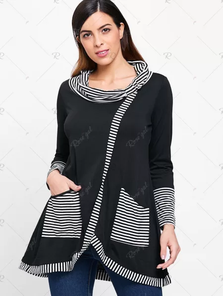 Pinstriped Patchwork Pockets Design Tee