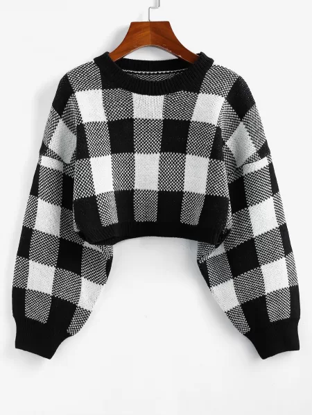 Plaid Drop Shoulder Crop Sweater