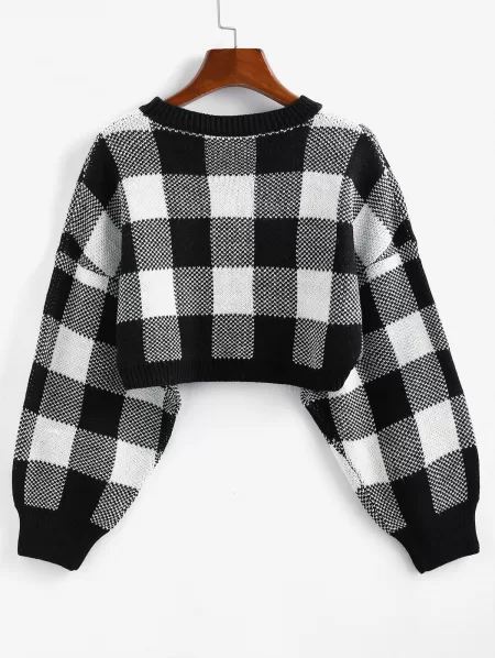 Plaid Drop Shoulder Crop Sweater