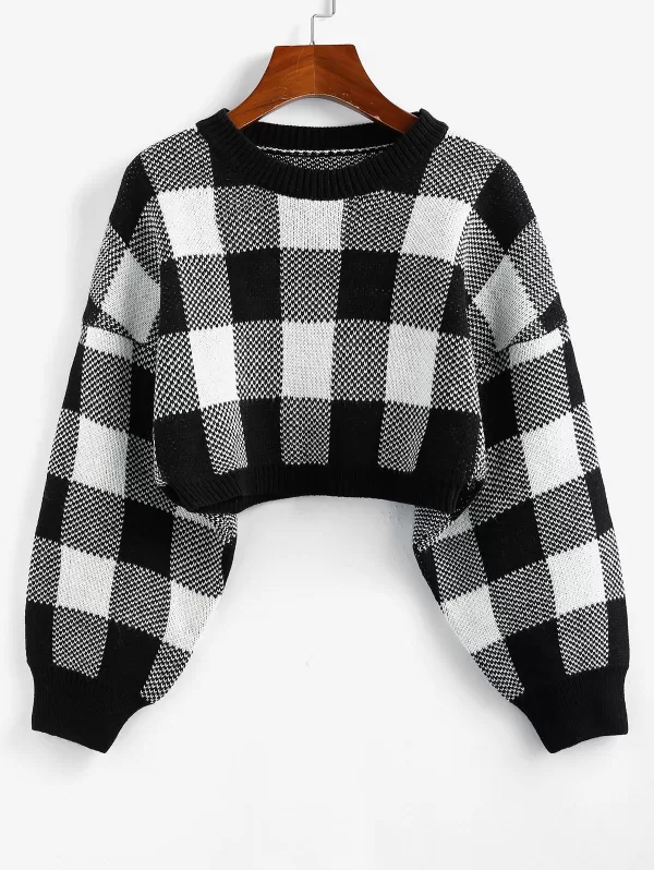 Plaid Drop Shoulder Crop Sweater