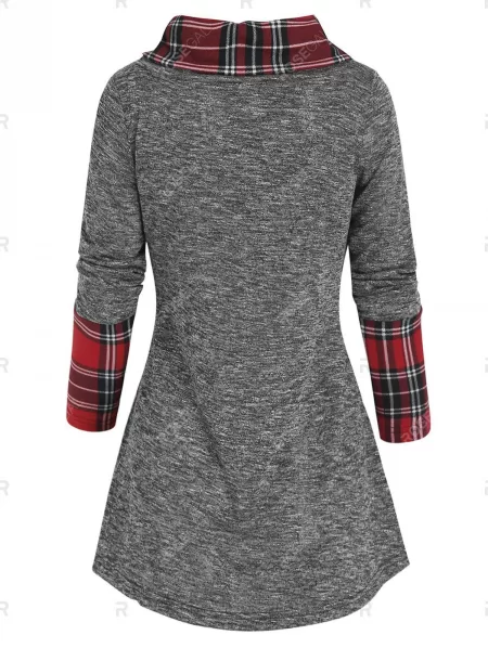 Plaid Patchwork Button Asymmetric Top