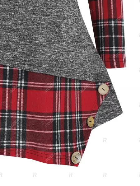 Plaid Patchwork Button Asymmetric Top