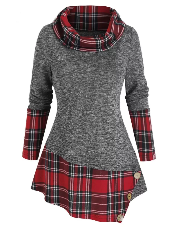 Plaid Patchwork Button Asymmetric Top