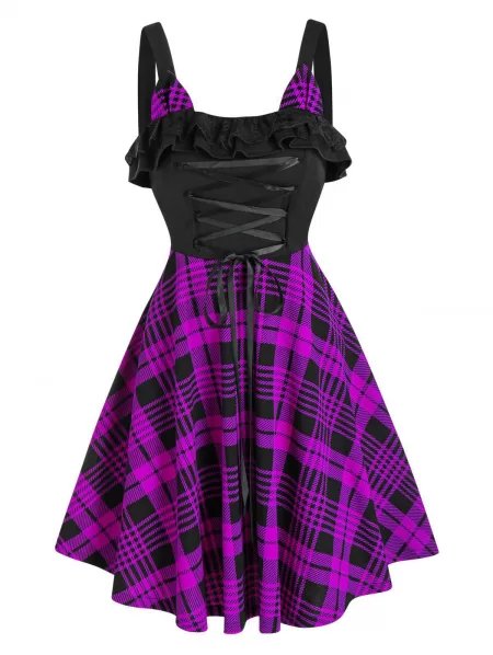 Plaid Print Lace-up Cat Ear Sleeveless Dress