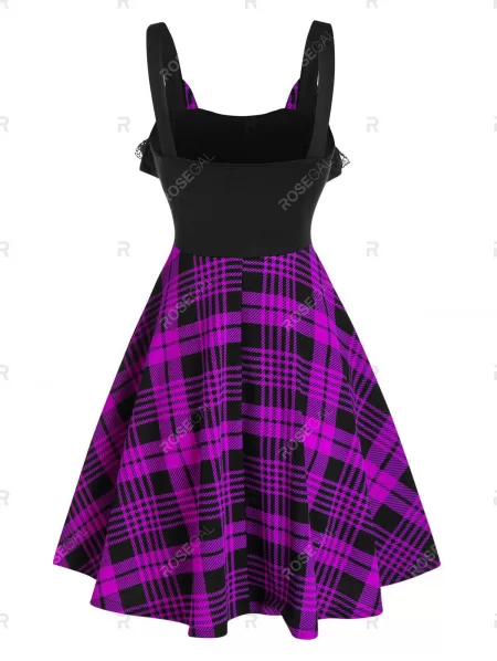 Plaid Print Lace-up Cat Ear Sleeveless Dress