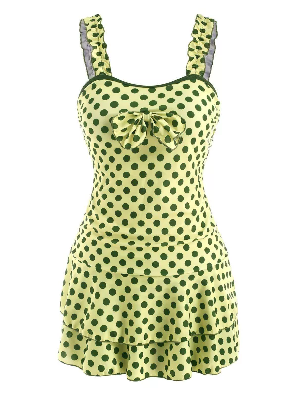 Polka Dot Bowknot Lettuce Strap Skirted Tankini Swimwear