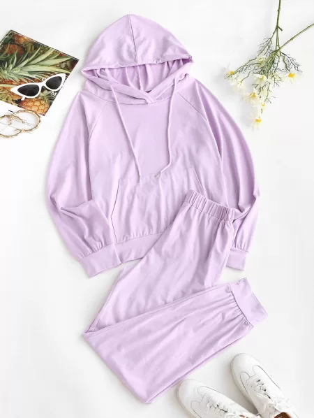 Raglan Sleeve Kangaroo Pocket Two Piece Pants Set