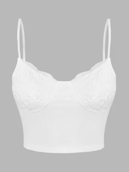 Ribbed Lace Insert Cupped Crop Camisole