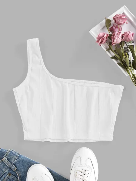 Ribbed One Shoulder Crop Tank Top