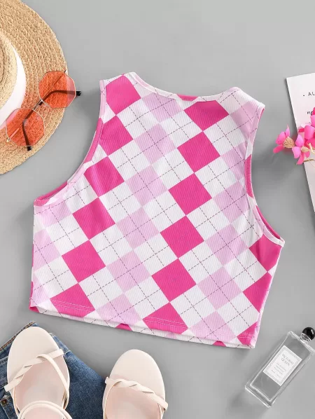 Ribbed Plaid Racerback Crop Tank Top