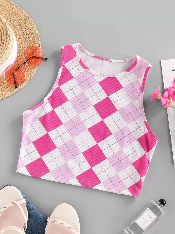 Ribbed Plaid Racerback Crop Tank Top