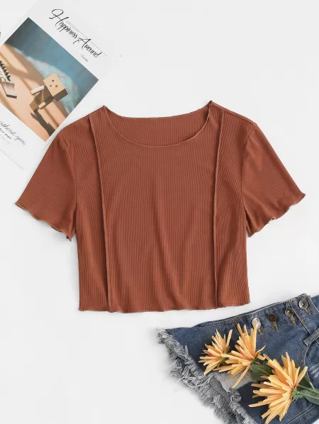 Ribbed Topstitching Crop T Shirt