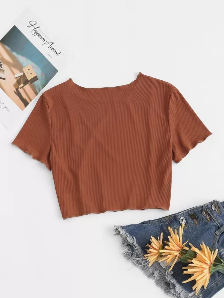 Ribbed Topstitching Crop T Shirt
