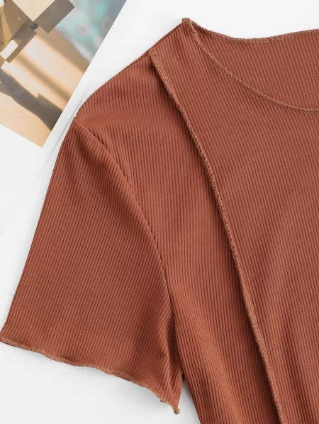 Ribbed Topstitching Crop T Shirt