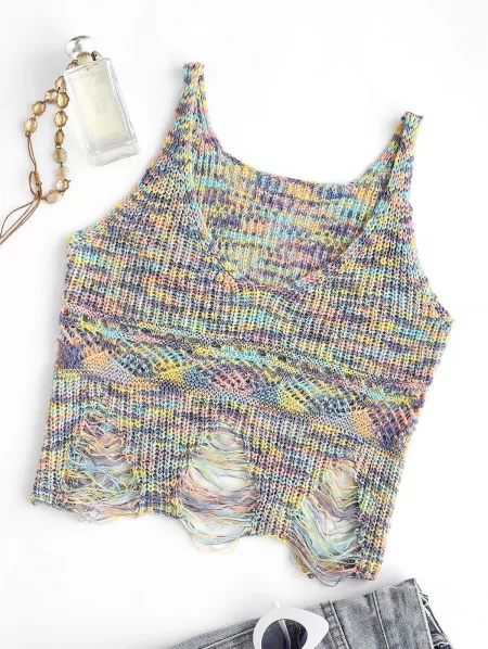 Ripped Rainbow Net Knitted Tank Top
