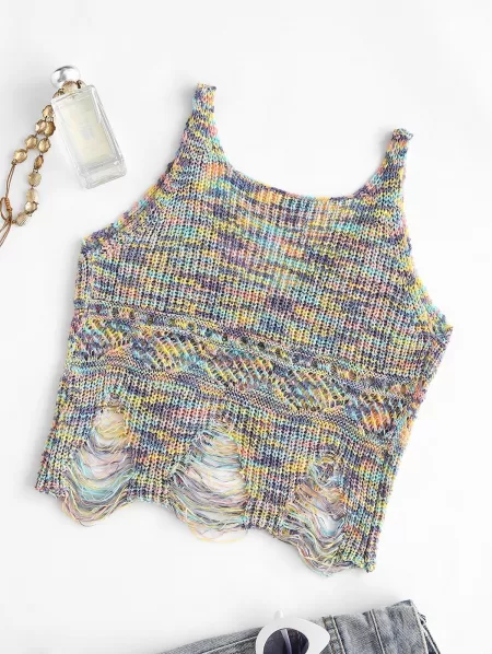 Ripped Rainbow Net Knitted Tank Top