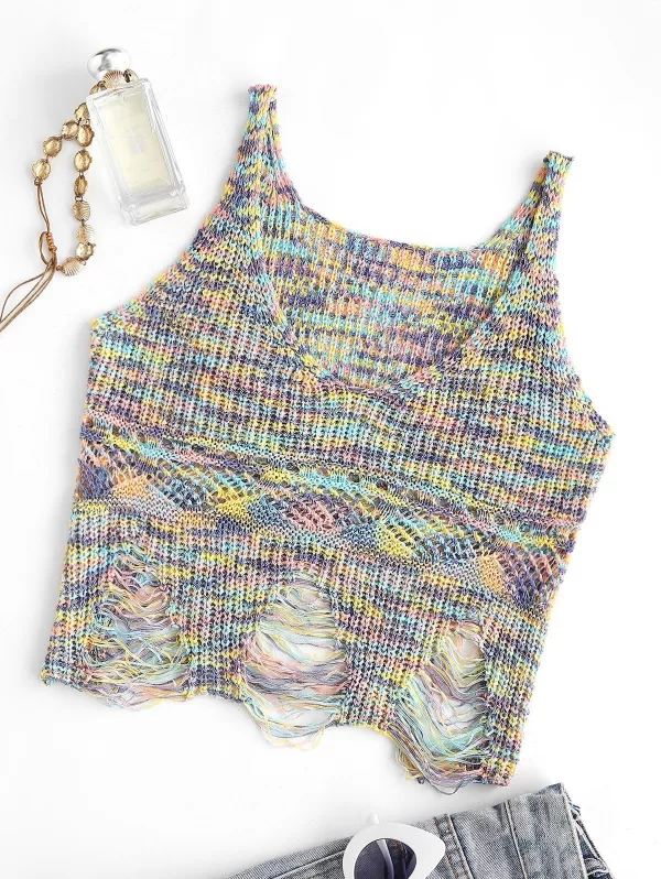 Ripped Rainbow Net Knitted Tank Top