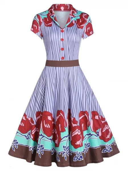 Rose Pattern Striped Button A Line Dress
