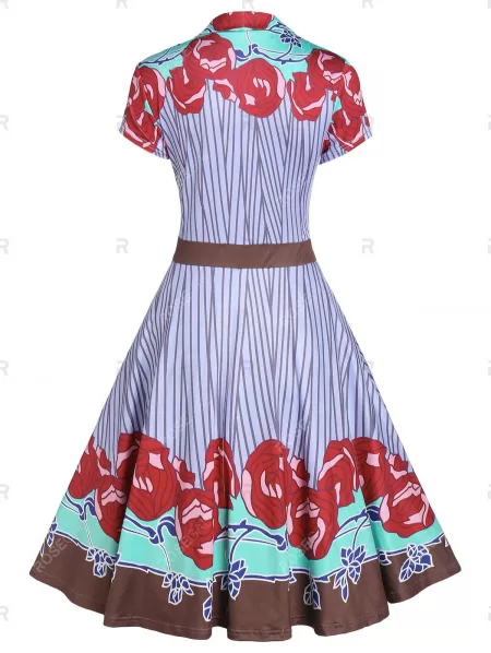 Rose Pattern Striped Button A Line Dress
