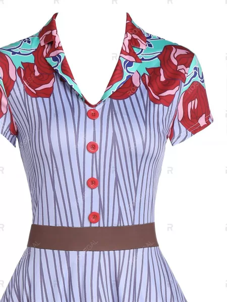 Rose Pattern Striped Button A Line Dress