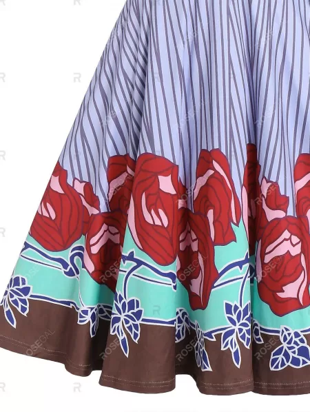 Rose Pattern Striped Button A Line Dress