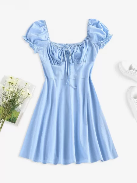 Ruched Bust Puff Sleeve Dress