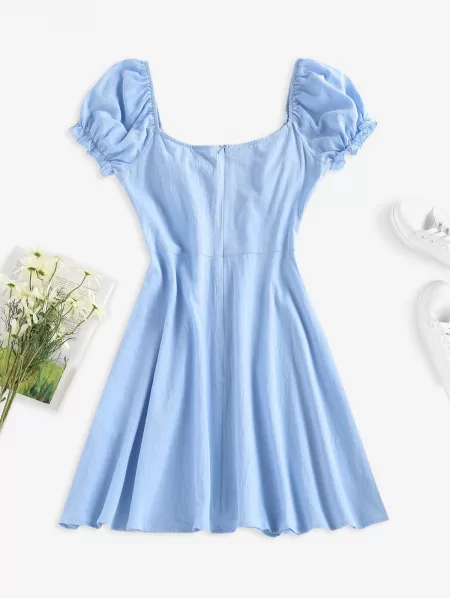 Ruched Bust Puff Sleeve Dress