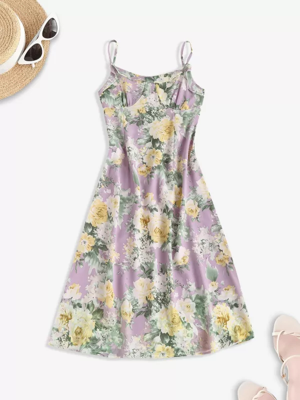 Ruffle Flower Print Chiffon Cami Dress