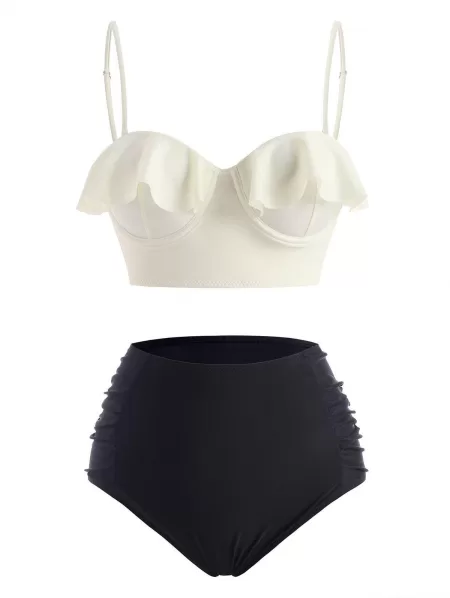 Ruffles Ruched Underwire High Waisted Tankini Swimwear